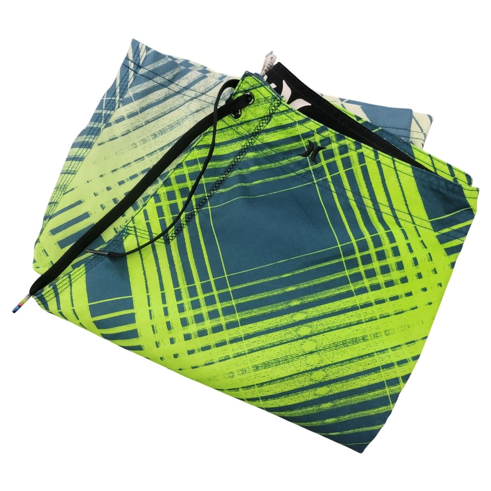 Hurley Board Shorts Men 34 Blue Green Plaid Phantom Drawstring Waist‎ Pockets